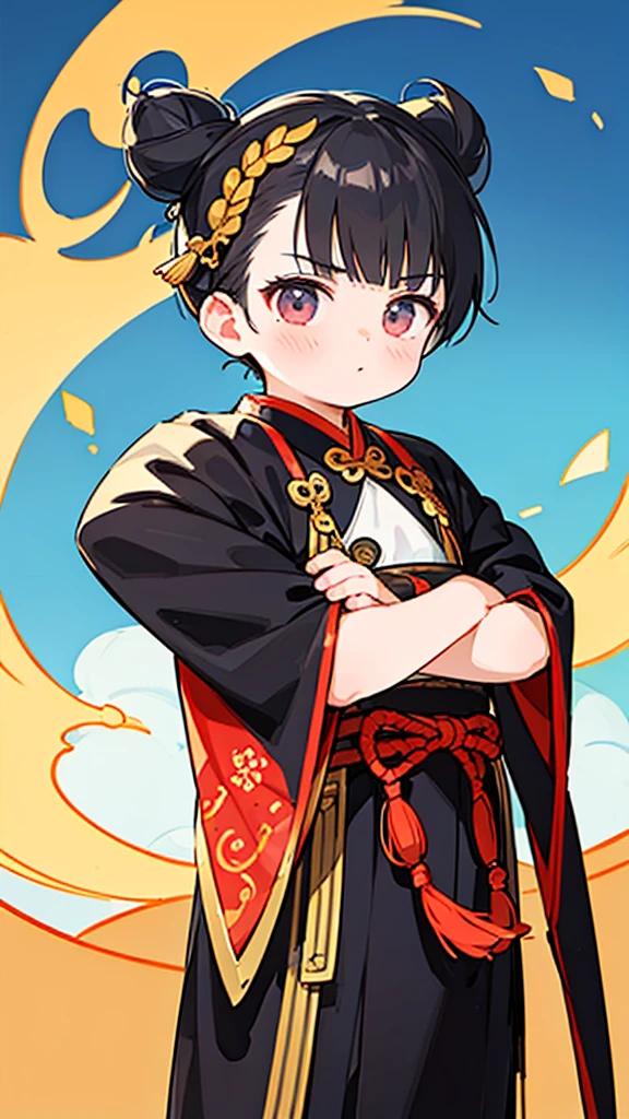 Three Kingdoms、Boy in ancient Chinese costume、Intelligent boy、Looking into the camera、There is a topknot on the head.、Hanfu、Black Hair、Standing and posing with arms crossed