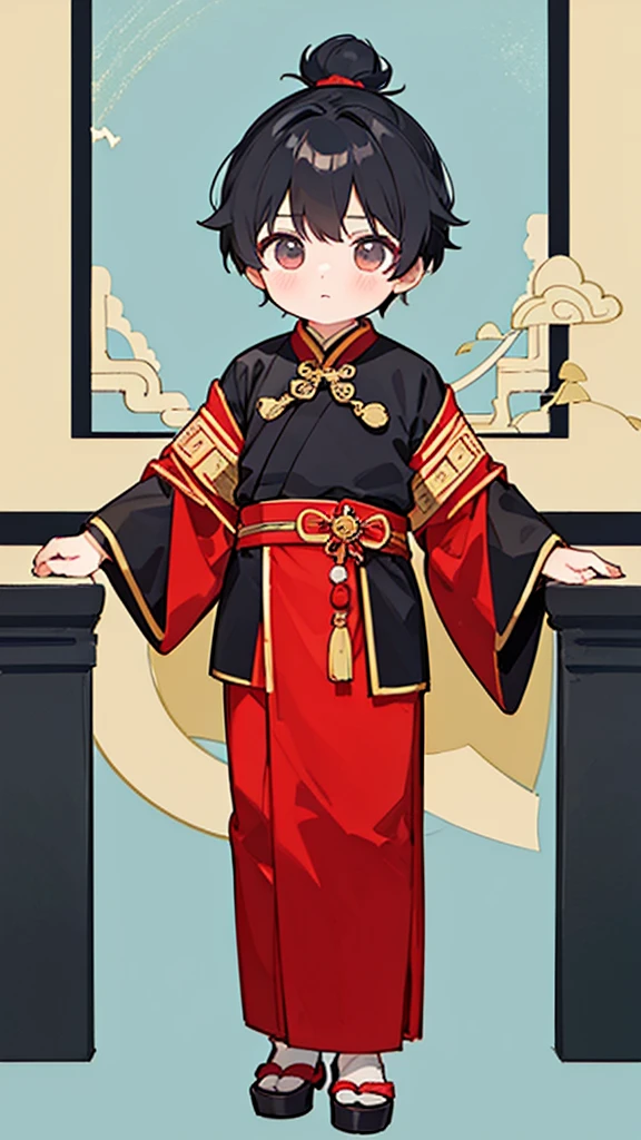 Three Kingdoms、Boy in ancient Chinese costume、Intelligent boy、Looking into the camera、There is a topknot on the head.、Hanfu、Black Hair、Standing and posing with arms crossed