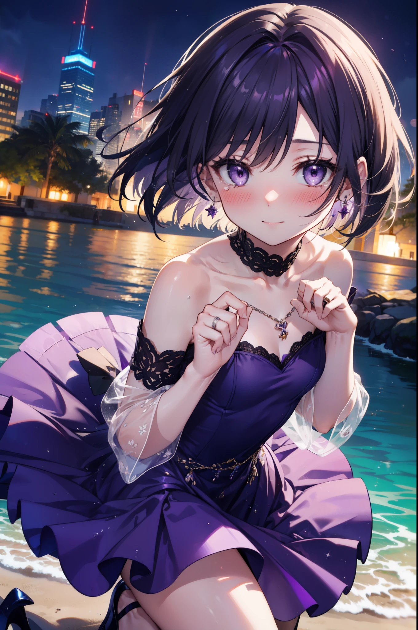 yuukikonno, Yuki Konno,Black Hair,short hair,Bob Hair ,Green headband,(Purple eyes:1.5), (Small breasts:1.2), smile,Purple Dress,Purple long skirt,purple stiletto heels,No sleeve,Expose your shoulders,Bare arms,Bare neck,bare clavicle,Wearing a wedding ring on the left hand,Heart Necklace,Tears stream down her face,Tears of joy,I cry a lot,Romantic night view,moonlight,whole bodyがイラストに入るように、
break outdoors, hill,
break looking at viewer, whole body,
break (masterpiece:1.2), highest quality, High resolution, unity 8k wallpaper, (shape:0.8), (Beautiful details:1.6), Highly detailed face, Perfect lighting, Highly detailed CG, (Perfect hands, Perfect Anatomy),