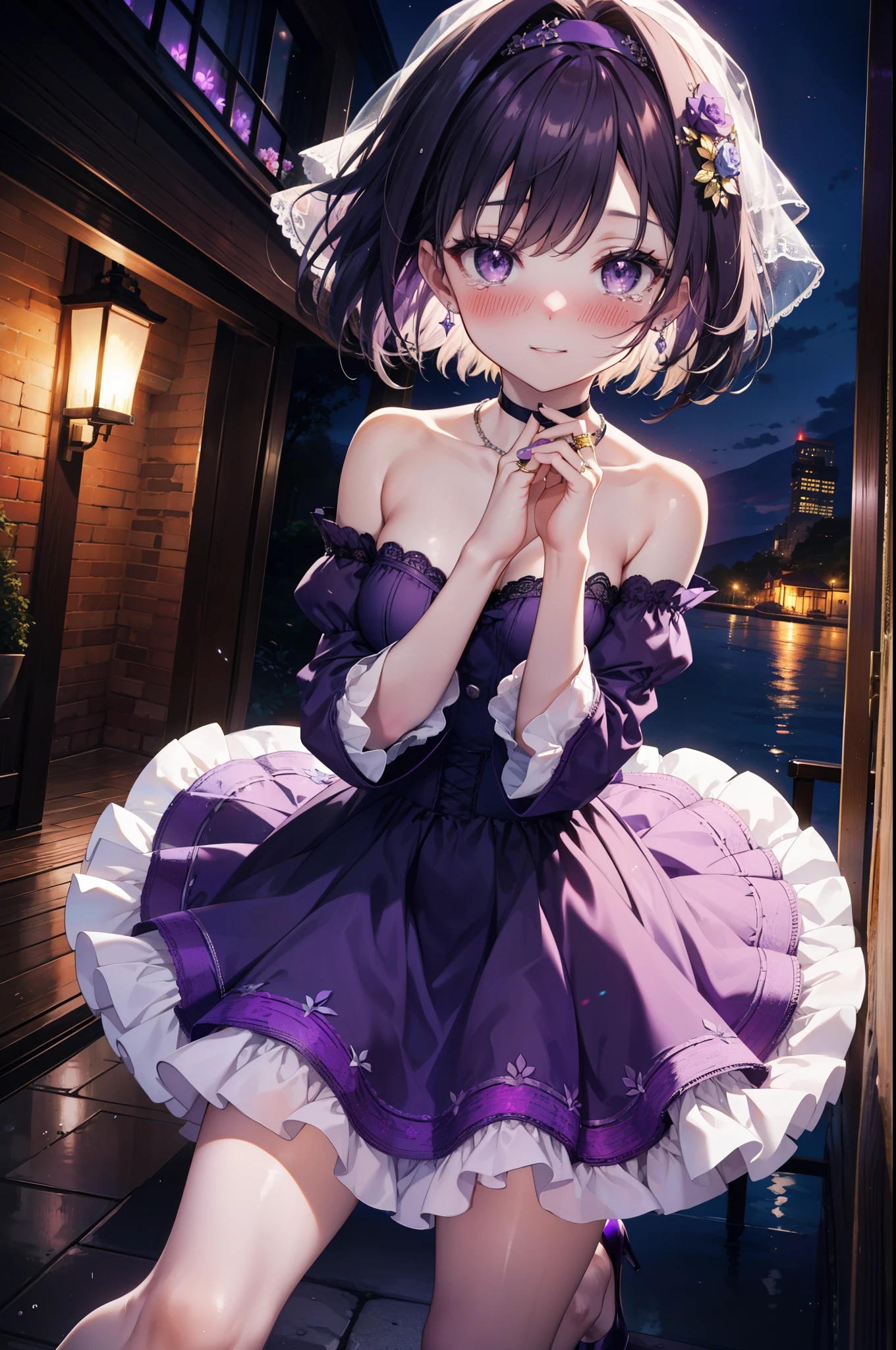 yuukikonno, Yuki Konno,Black Hair,short hair,Bob Hair ,Green headband,(Purple eyes:1.5), (Small breasts:1.2), smile,Purple Dress,Purple long skirt,purple stiletto heels,No sleeve,Expose your shoulders,Bare arms,Bare neck,bare clavicle,Wearing a wedding ring on the left hand,Heart Necklace,Tears stream down her face,Tears of joy,I cry a lot,Romantic night view,moonlight,whole bodyがイラストに入るように、
break outdoors, hill,
break looking at viewer, whole body,
break (masterpiece:1.2), highest quality, High resolution, unity 8k wallpaper, (shape:0.8), (Beautiful details:1.6), Highly detailed face, Perfect lighting, Highly detailed CG, (Perfect hands, Perfect Anatomy),