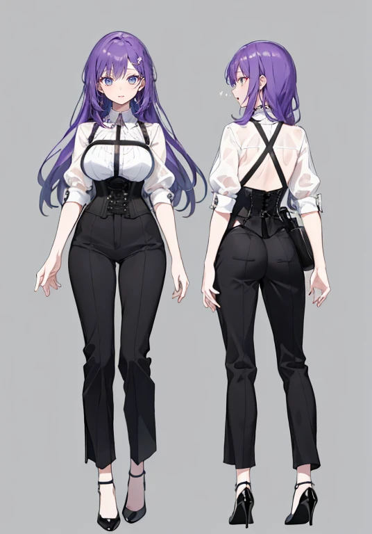 Purple hair,long hair,Adult female,((body harness)),A white see-through blouse,((Roll up your sleeves)),(Corset),(slacks),(high heels),The heel is visible,((Simple background)),Smile,((Full body)),((whole body)),Character Sheet,