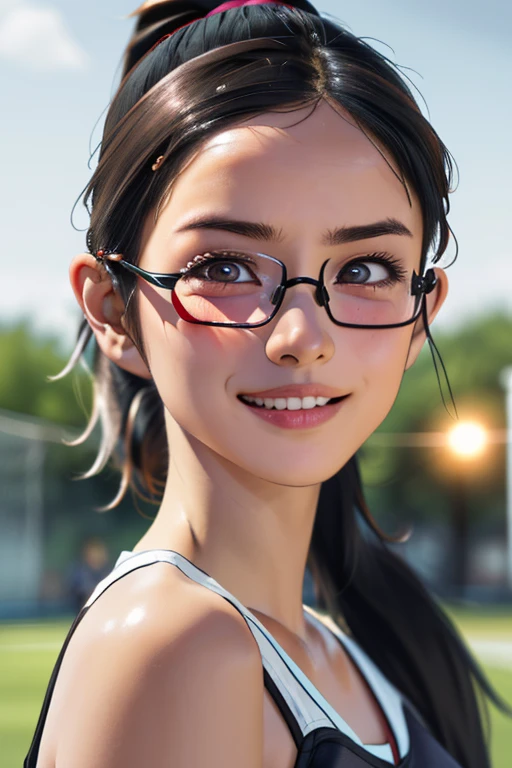 sports meetingの日、sports meeting、gallery、Students cheering、女子100 m競走、((highest quality:1.4、8k、32k、Hmph:1.3))、(An unparalleled masterpiece)、((Raw photo、realism:1.6))、Japanese girl、Outdoor,playground,Schoolyard,Schoolyard,(physical education:1.3),(Per class:1.3)Girl smiling at the camera、Dynamic Pose、(sports meetingの日、100 m走、running)、Dynamic Angle、School gym clothes、Bloomers、(Huge boobs:0.5、thin abdomen、The lower body is thin)、Ulzzang-6500-v1.1、Teenage Girls、Ultra detailed face、Detailed eyes、Round face、Baby Face、Detailed Iris、double eyelid、(((Glasses、Long black hair、High up ponytail)))、Photon Mapping、Detailed skin texture、100 m,head to feet:1.5,