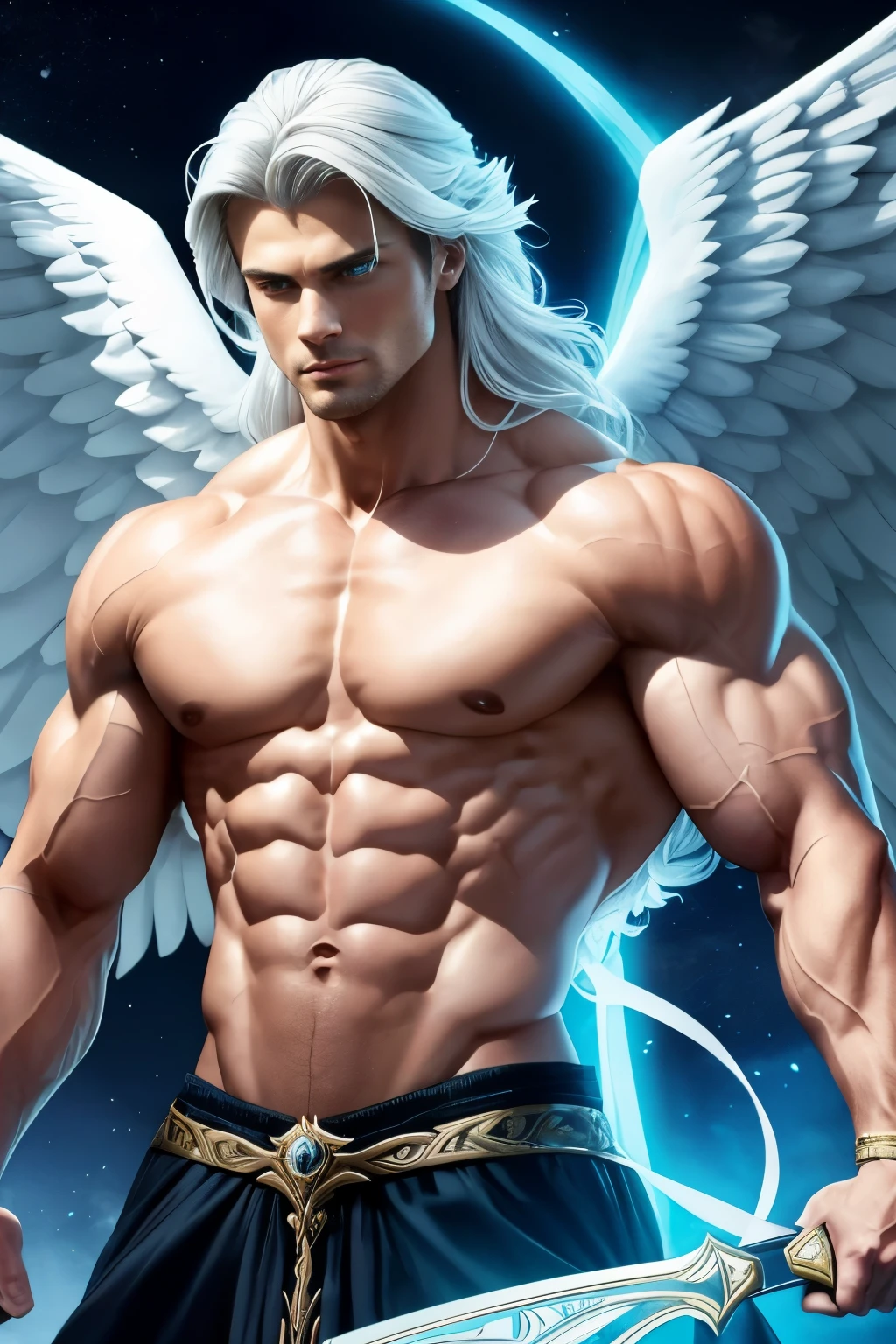 A captivating visual representation of the Archangel Michael, a masculine celestial figure of great importance from the Bible, adorns the image. Emphasis is given to his muscular, sculpted physique that portrays the essence of power and grace. His broad shoulders and chiseled abs are accentuated, while his perfectly proportional V-taper adds to his regal presence.
Michael's face is characterized by a well-defined jawline, sharp cheekbones, and piercing blue eyes that sparkle with an ethereal light. His long, flowing white hair cascades down his shoulders, framing his expressive features.
Michael's most striking