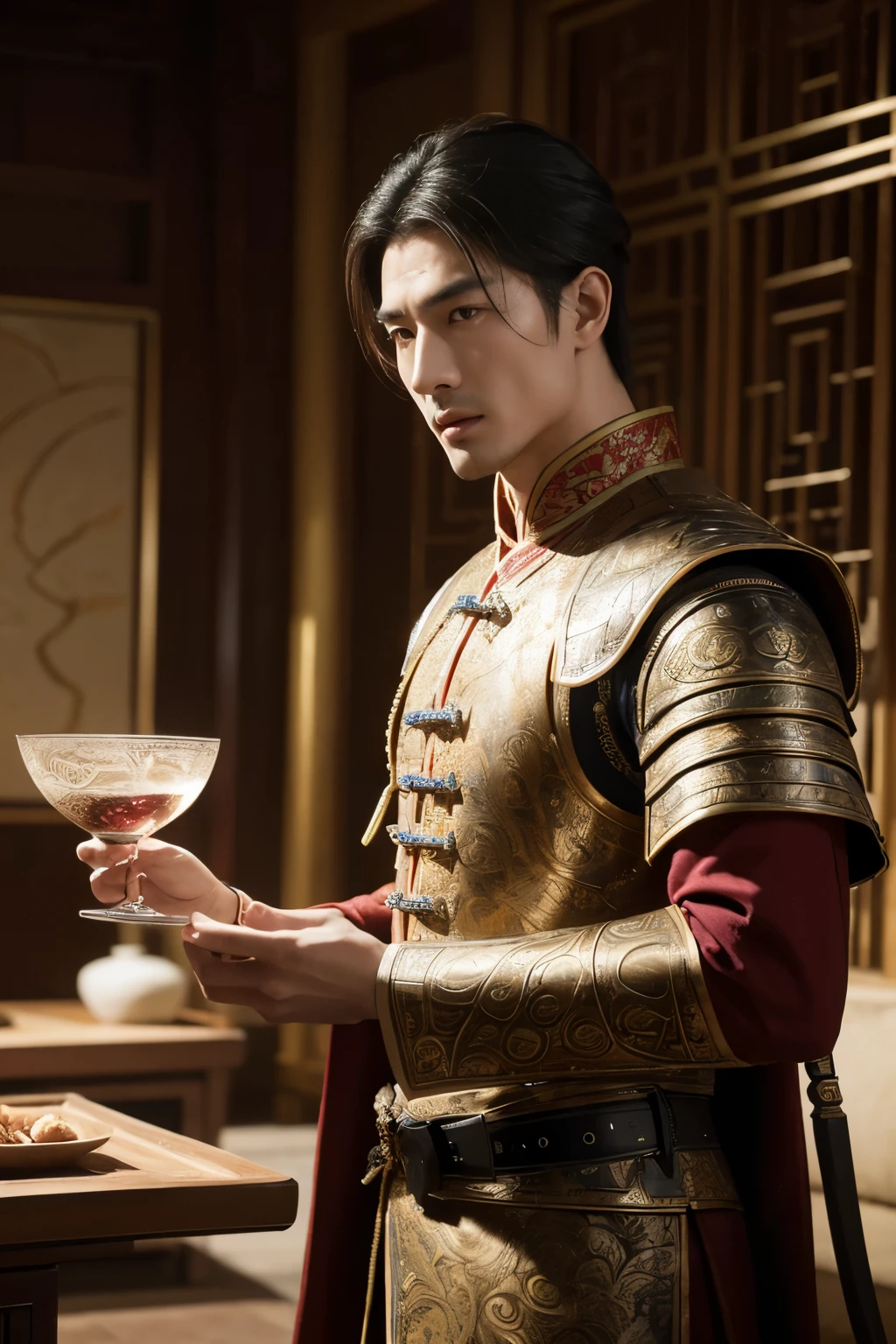 A handsome ancient Chinese male, formidable, Handsome men in armor, masterpiece, glamorous, realistic, aesthetic, depth of field, Best quality, masterpiece, ultra high res, photorealistic, cinematic lighting, Chinese Style, (RAW photo:1.2), (photorealistic:1.4), (masterpiece:1.3), (intricate details:1.2), General Xiang Yu is holding a bowl of wine and is ready to lead his soldiers to stand out