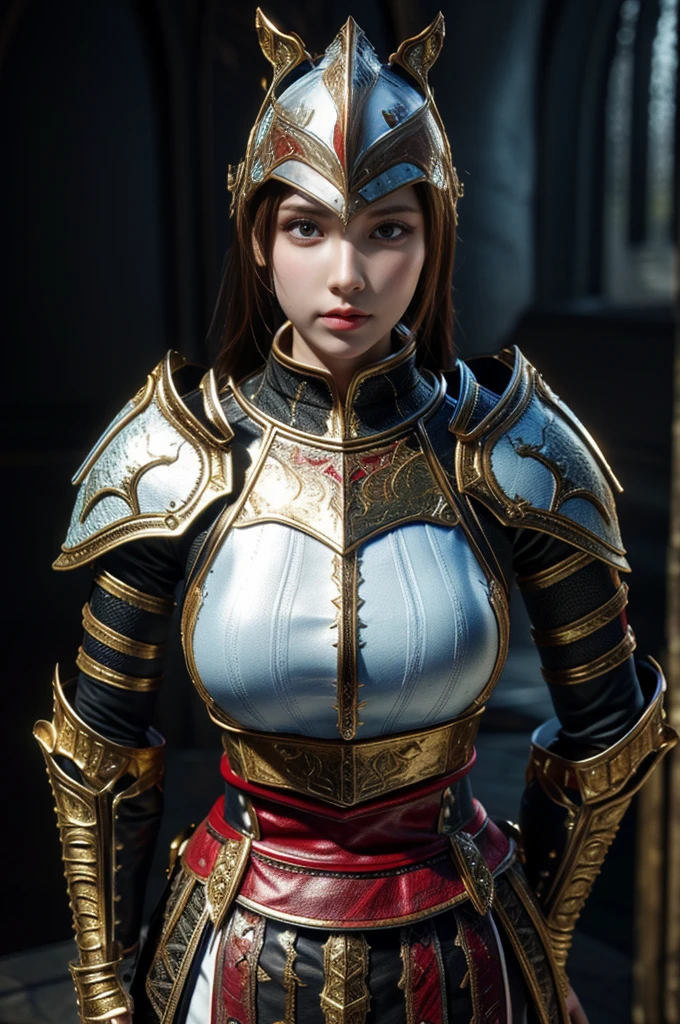 Game Art，Best picture quality，Maximum resolution，8K，(A bust photo)，(portrait)，(Head close-up)，(Rule of Thirds)，Unreal Engine 5 rendering works， (Future Girl)，(Female Warrior)， 
20 year old girl，((hunter))，Eyes full of details，(Large Breasts)，Elegance and nobility，indifferent，brave，
（Medieval style fur combat uniform，glowing magic lines，Detailed animal skin clothing,Red and White），Medieval female knight，medieval knight，
Photo poses，Simple background，light，Ray Tracing，Game CG，((3D Unreal Engine))，OC rendering reflection mode