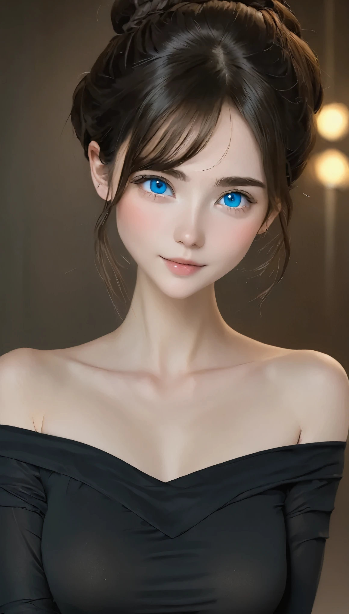 Skin-tight black top:1.2, View your viewers, Cinema Lighting, perfection, Soft Light, High Resolution Skins:1.2, Realistic skin texture, 、Small face、No makeup、, Off the shoulder,Bust B cup、Small cleavage, blue eyes, Hair Bun, Dark brown hair、Bold Pose、Geometric background