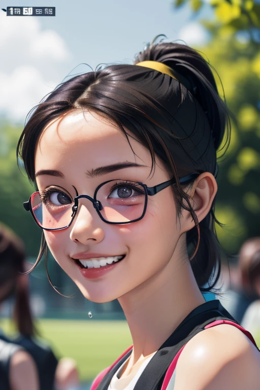 sports meetingの日、sports meeting、gallery、Students cheering、女子100 m競走、((highest quality:1.4、8k、32k、Hmph:1.3))、(An unparalleled masterpiece)、((Raw photo、realism:1.6))、Japanese girl、Outdoor,playground,Schoolyard,Schoolyard,(physical education:1.3),(Per class:1.3)Girl smiling at the camera、Dynamic Pose、(sports meetingの日、100 m走、running)、Dynamic Angle、School gym clothes、Bloomers、(Huge boobs:0.5、thin abdomen、The lower body is thin)、Ulzzang-6500-v1.1、age Girls、Ultra detailed face、Detailed eyes、Round face、Baby Face、Detailed Iris、double eyelid、(((Glasses、Long black hair、High up ponytail)))、Photon Mapping、Detailed skin texture、100 m,head to feet:1.5,
