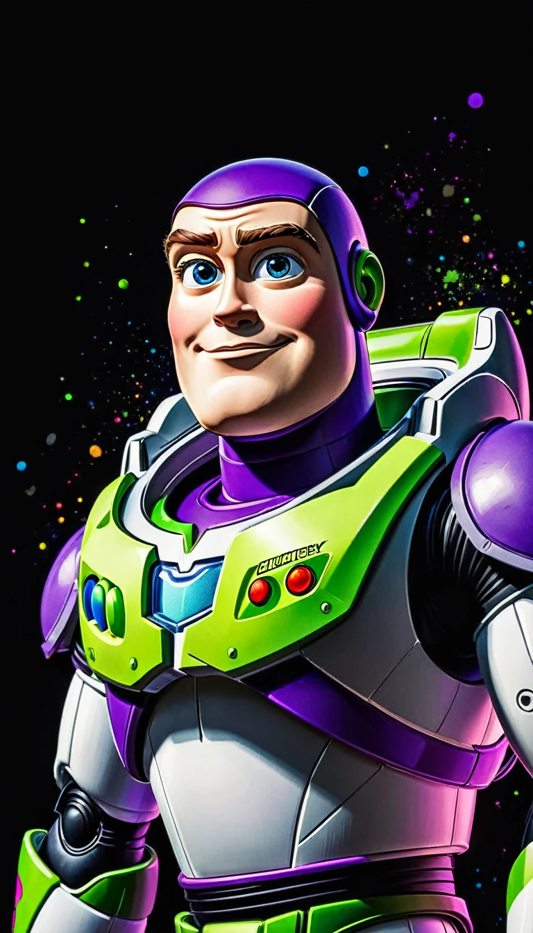  buzz lightyear, colorful ink art, black background