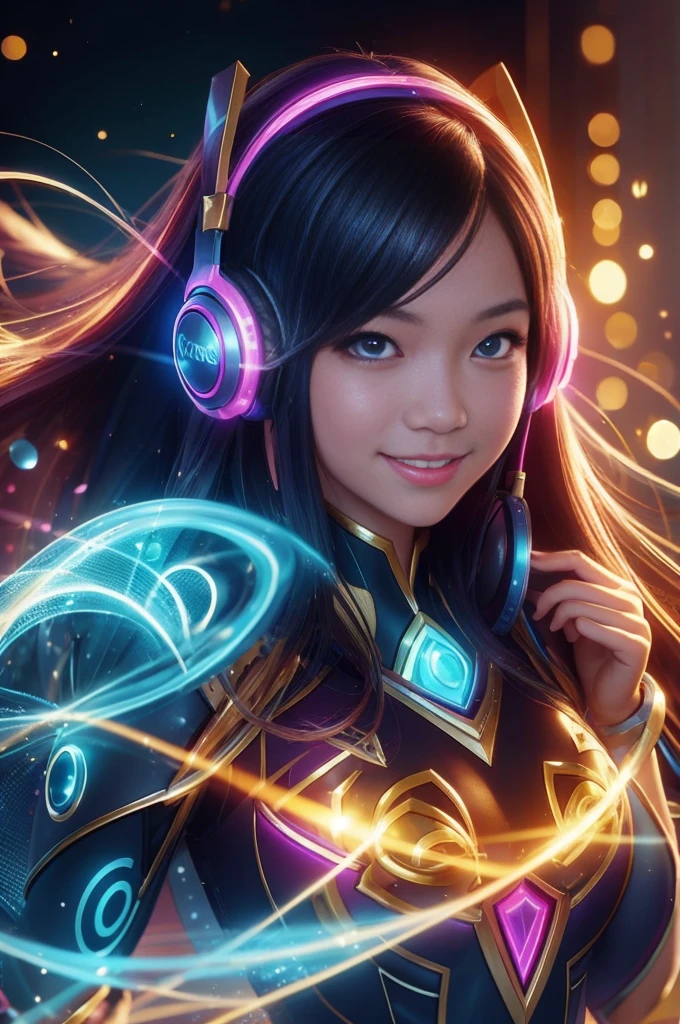 Close-up：A smiling girl with headphones, 8k type germ bokeh, rossdraws Global Illumination, League of Legends Characters, stanley type germ lau, extremely detailed type germ, style type germ, Ross trans style, IG Model | type germ, rossdraws cartoon vitality, type germ lau, trending type germ