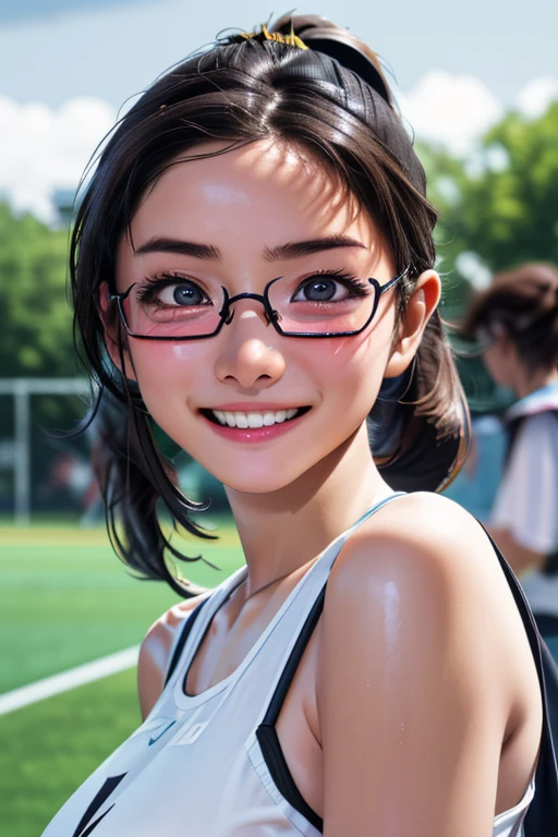 sports meetingの日、sports meeting、gallery、Students cheering、女子100 m競走、((highest quality:1.4、8k、32k、Hmph:1.3))、(An unparalleled masterpiece)、((Raw photo、realism:1.6))、Japanese girl、Outdoor,playground,Schoolyard,Schoolyard,(physical education:1.3),(Per class:1.3)Girl smiling at the camera、Dynamic Pose、(sports meetingの日、100 m走、running)、Dynamic Angle、School gym clothes、Bloomers、(Huge boobs:0.5、thin abdomen、The lower body is thin)、Ulzzang-6500-v1.1、 Girls、Ultra detailed face、Detailed eyes、Round face、Baby Faed Iris、double eyelid、(((Glasses、Long black hair、High up ponytail)))、Photon Mapping、Detailed skin texture、100 m,head to feet:1.5,