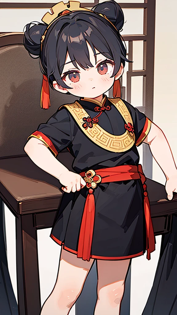 Three Kingdoms、Boy in ancient Chinese costume、Intelligent boy、Looking into the camera、There is a topknot on the head.、Hanfu、Black Hair、Standing and posing with arms crossed