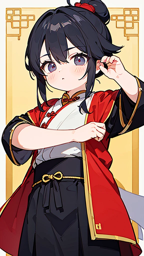 Three Kingdoms、Boy in ancient Chinese costume、Intelligent boy、Looking into the camera、There is a topknot on the head.、Hanfu、Black Hair、Standing and posing with arms crossed