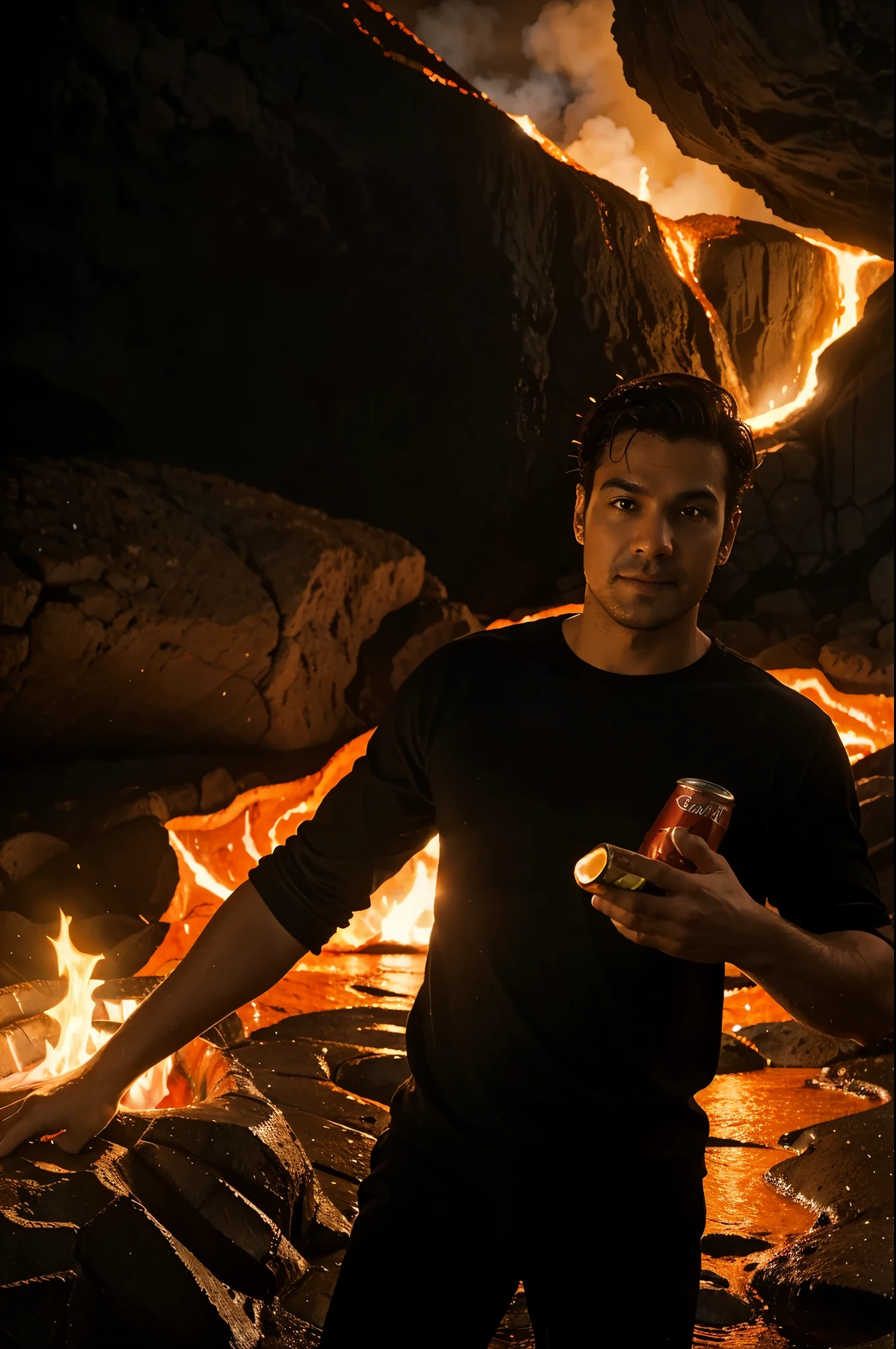 Selfie man swimming in lava in volcano Holding a Cola can