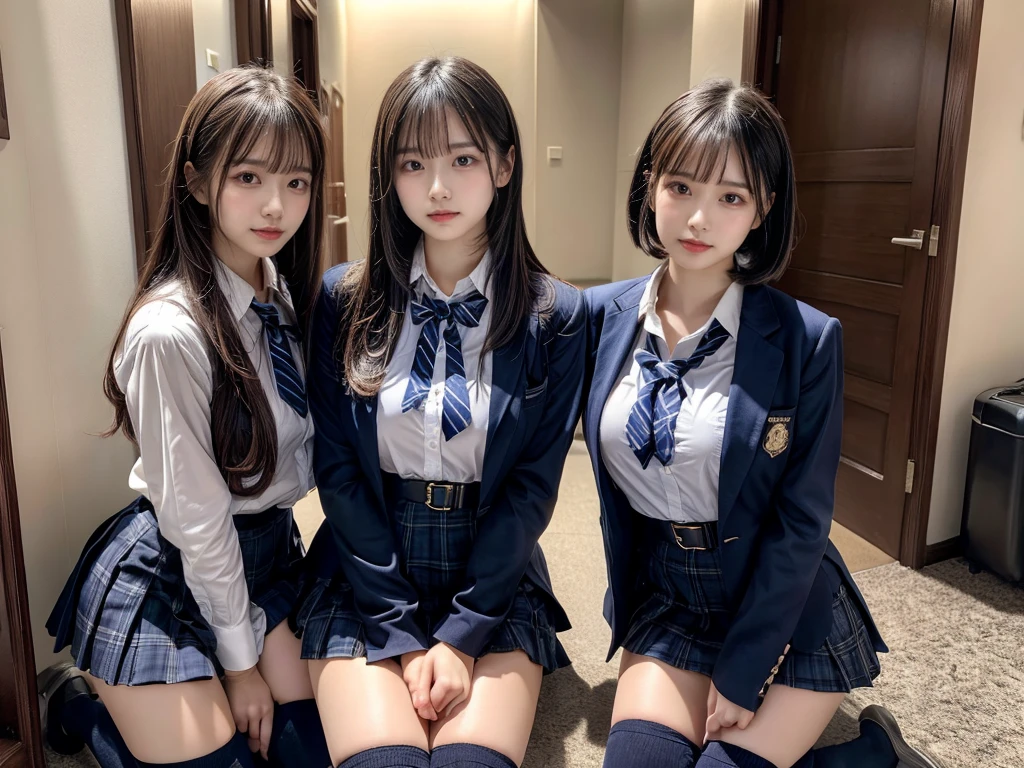 (8K, Raw photography, top-quality, ​masterpiece:1.2), master piece, best quality, illustration, Super detailed, fine details, High resolution, 8K,wall paper, perfect dynamic composition,(Details High quality, realistic depiction of eyes:1.3), ((2 girls, 2 schoolgirls)), The background is a luxury hotel room、High school girl uniform、blazer 、Super Short Check Uniform Skirt、Navy blue high socks、garterbelts、Colossal tits、Disturbed uniform, Play with each other,Touching each other's bodies,Touching the body of the girl next door, short bob hair, black hair color, huge breasts, Big Natural Color Lip, bold sexy pose, (perfect body shape), crying a little、cold gaze,  Beautiful makeup,glitter makeup,Cutest 18 years old, beautiful legs, hposing Gravure Idol, Voluptuous thighs