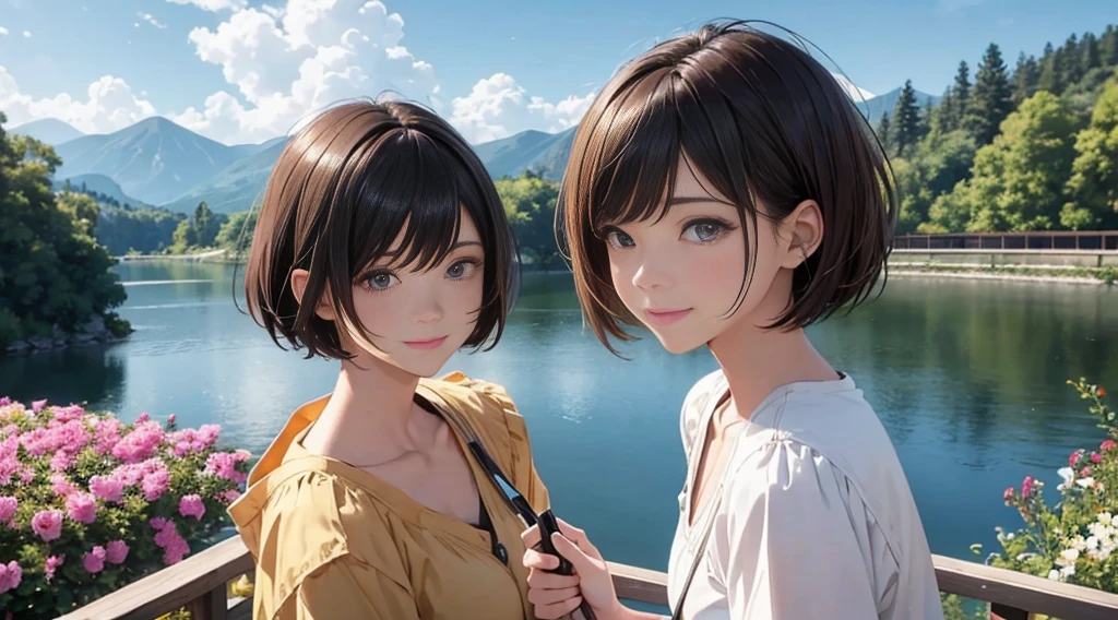 Vast Skyline、lake、mountain bridge。river、Flower Field(highest quality:1.2), Super detailed, High resolution, Tabletop:1,2, Vibrant colors, Bokeh, Professional Lighting, Physically Based Rendering, Flat Color:0.8, Fine Illustration, Realistic:1.37, Shinkai Makoto style, Your name style, Light brown hair, Elegant update, Short Bob, Hairstyles such as chignon, Laugh together, Dynamic pose, Selfie, Upper body full sister、