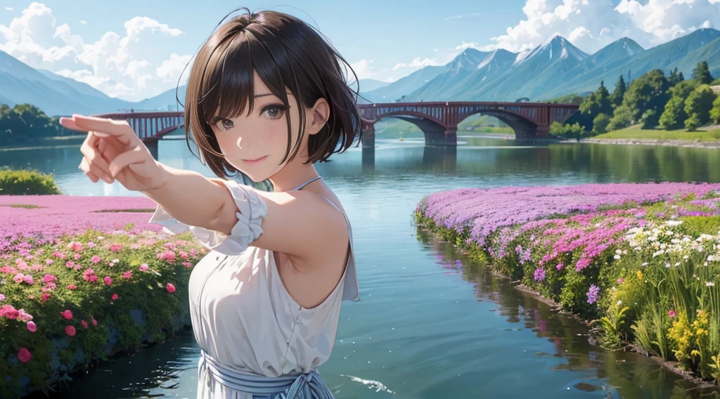 Vast Skyline、lake、mountain bridge。river、Flower Field(highest quality:1.2), Super detailed, High resolution, Tabletop:1,2, Vibrant colors, Bokeh, Professional Lighting, Physically Based Rendering, Flat Color:0.8, Fine Illustration, Realistic:1.37, Shinkai Makoto style, Your name style, Light brown hair, Elegant update, Short Bob, Hairstyles such as chignon, Laugh together, Dynamic pose, Selfie, Upper body full sister、