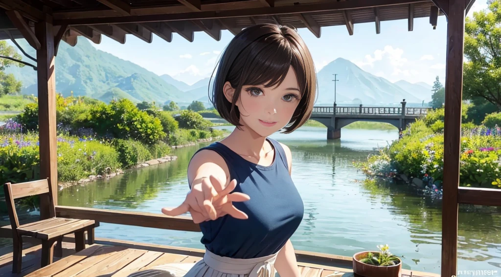 Vast Skyline、lake、mountain bridge。river、Flower Field(highest quality:1.2), Super detailed, High resolution, Tabletop:1,2, Vibrant colors, Bokeh, Professional Lighting, Physically Based Rendering, Flat Color:0.8, Fine Illustration, Realistic:1.37, Shinkai Makoto style, Your name style, Light brown hair, Elegant update, Short Bob, Hairstyles such as chignon, Laugh together, Dynamic pose, Selfie, Upper body full sister、