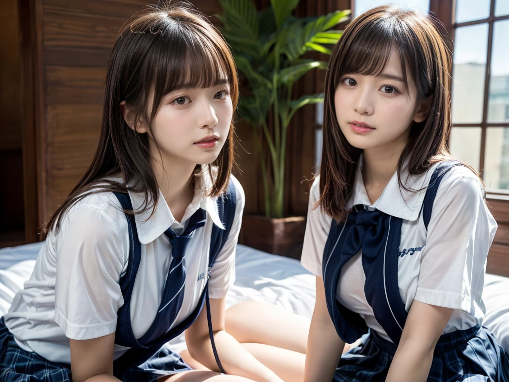 (RAW photo, 4k, masterpiece, high resolution, extremely complex) (realistic: 1.4), cinematic lighting
((2 girls, 2 schoolgirls)),Slam Dunk's,blushing,((innocent)),bright eyes,round eyes,blunt bangs,(straight hair:1.3),black hair,large breasts,wide hips,Summer Noon, ,Hot, (Best Quality), (Highres), (an Extremely Delicate and Beautiful),(Beautiful 8k face),(Brown eyes),short bob hair,( spectators),(gigantic breasts),(Play with each other,Touching each other's bodies,Touching the body),(Japanese high school uniform:1.3),blue skirt,(reality),bright lighting,(The background is a luxury hotel room)