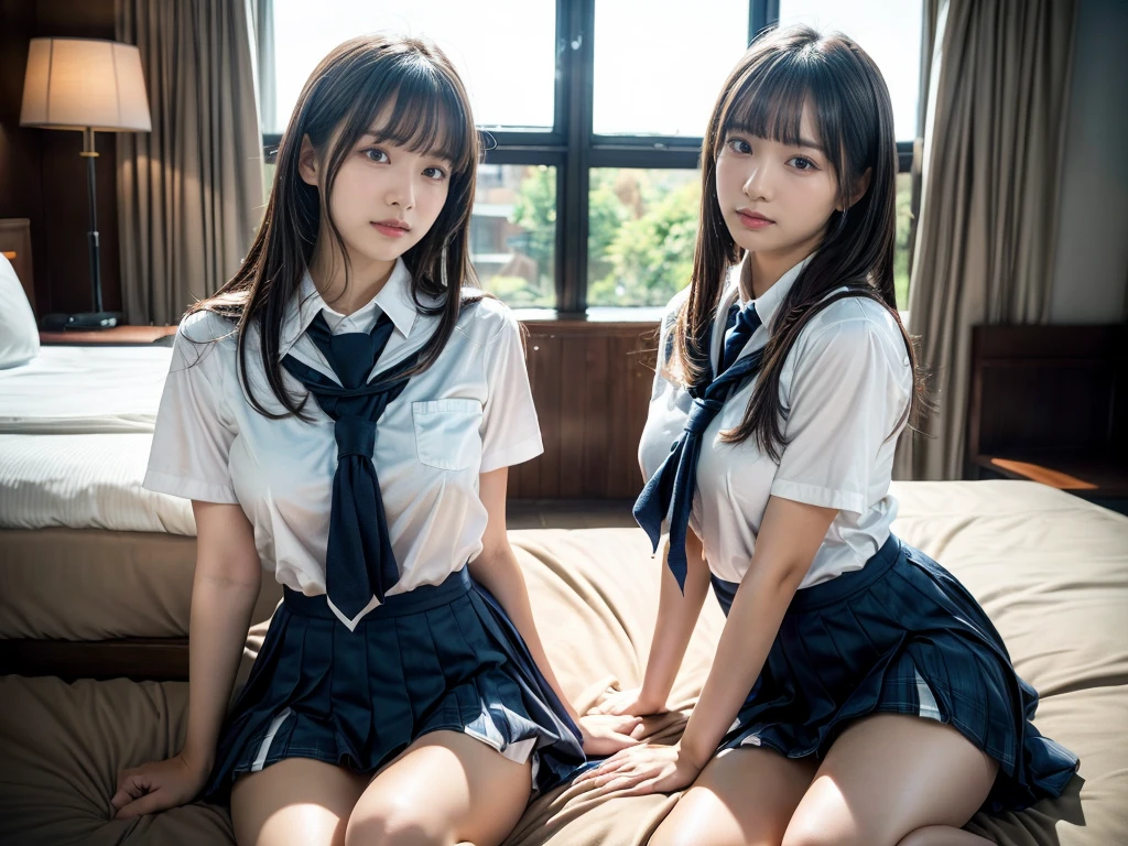 (RAW photo, 4k, masterpiece, high resolution, extremely complex) (realistic: 1.4), cinematic lighting
((2 girls, 2 schoolgirls)),Slam Dunk's,blushing,((innocent)),bright eyes,round eyes,blunt bangs,(straight hair:1.3),black hair,large breasts,wide hips,Summer Noon, ,Hot, (Best Quality), (Highres), (an Extremely Delicate and Beautiful),(Beautiful 8k face),(Brown eyes),short bob hair,( spectators),(gigantic breasts),(Play with each other,Touching each other's bodies,Touching the body),(Japanese high school uniform:1.3),blue skirt,(reality),bright lighting,(The background is a luxury hotel room)