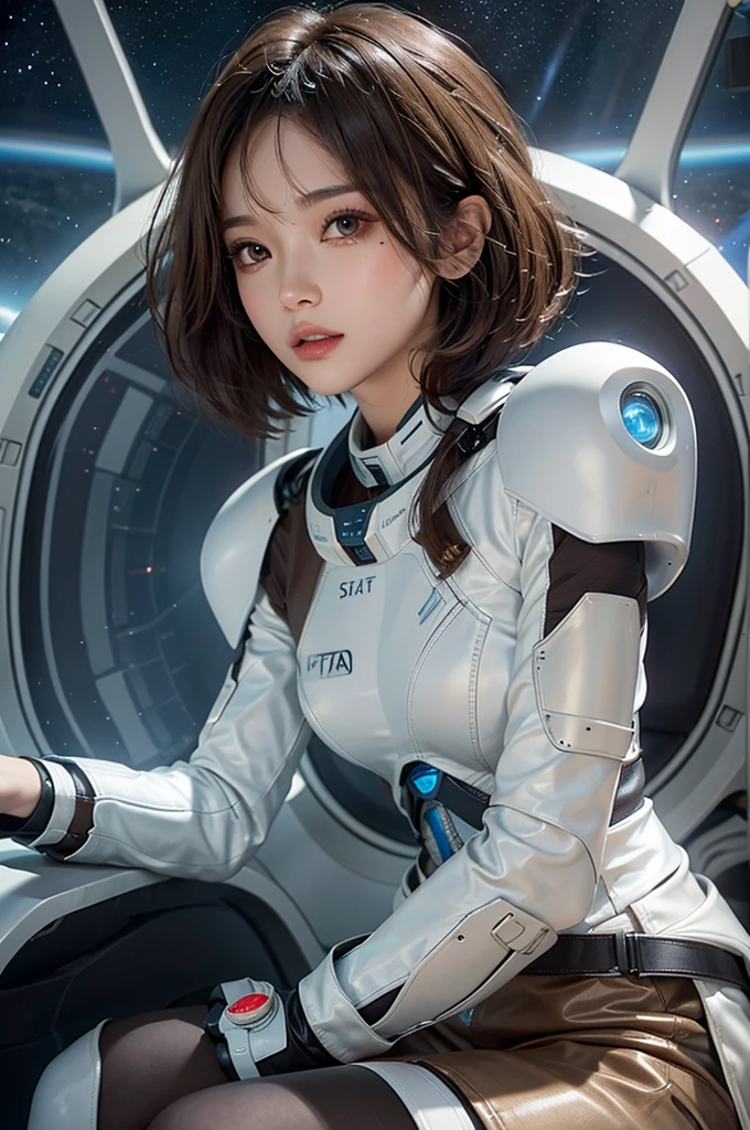 best quality、masterpiece、Ultra-high resolution、(real:1.4)、Beautiful woman1、Beautiful details of the eyes and skin、Light brown short hair、Perfect space suit、spaceship、