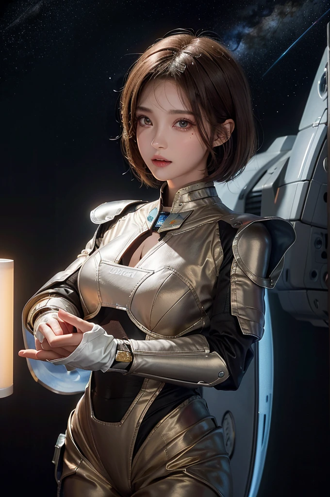 best quality、masterpiece、Ultra-high resolution、(real:1.4)、Beautiful woman1、Beautiful details of the eyes and skin、Light brown short hair、Perfect space suit、spaceship、