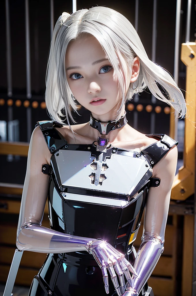 Top quality、masterpiece、Ultra-high resolution、(Realism:1.4)、original photo、1 girl、Black Hair、((Below the neck、There is a fully mechanical skeleton without skin:1.4))、(((Colorless transparent latex,Shaped like a charming woman,Covered with machine body:1.4)))、((Ultra-realistic details))、porch、Global Illumination、shadow、Octan Rendering、8K picture quality、Super sharp、((All machine metals are mirror-plated silver.:1.4))、Complex decorative mechanical skeleton details、blood vessels in tubes、Extremely complex details、Realistic lighting、CGSoation trends、Purple Eyes、radiant eyes、face camera、Neon details、machine limbs、Mechanical spine、Mechanical neck、Sit on it、Wires and cables to the head、Gundam、Small LED lights、(purple light behind)、
