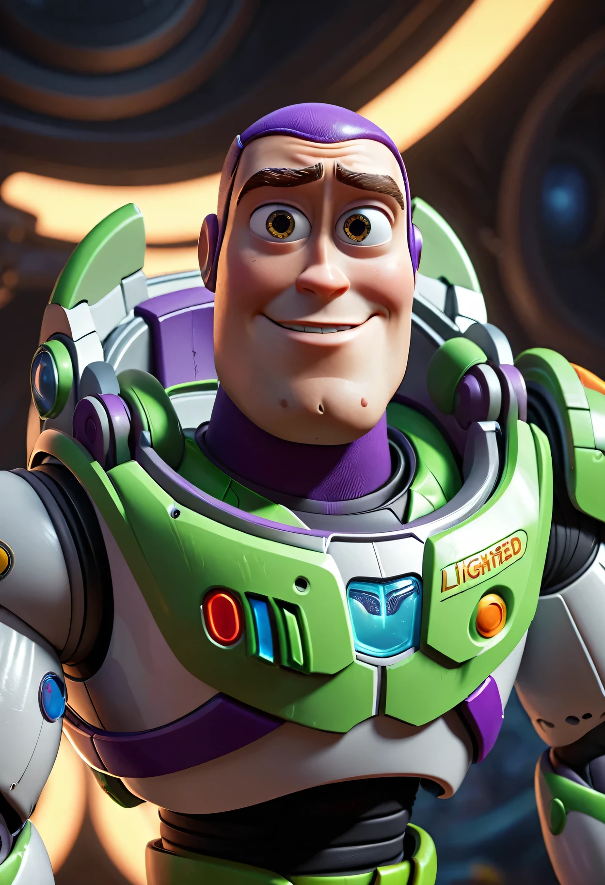 Movie scenes, Buzz Lightyear standing looking at the viewer, twisted spaces, twisted undead in background, lens halo, optical axis, complex details, very detailed, volumetric lighting, 4K rendering, images, surrealism, realistic textures, dramatic lighting, Unreal Engine