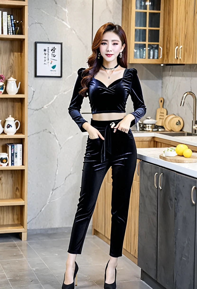 Korean woman Teacher Sexy Velvet black large pants Velvet top Kitchen