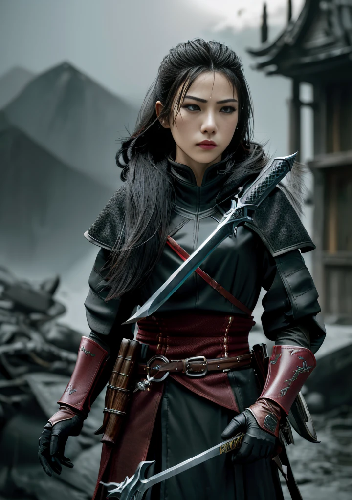 Design one ((girl)) The character is Assasin,A strong sense of justice. Assassin Armor, Stylish and unique. Take 2 Calambit knives. Volumetric Lighting, RealismBREAK (masterpiece:1.2), (best quality), 4k, Extremely detailed, (dynamic composition: 1.4), High Detail, Colorful Detailed, (gloomy color: 1.2), (Luminous lighting, Atmospheric lighting), gloomy, magic, (Solitary: 1.4), (((Wear gloves on both hands))), Dragon Hunter, Weapons catalog, (你肩上的magic翅膀)