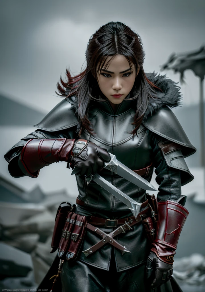 Design one ((girl)) The character is Assasin,A strong sense of justice. Assassin Armor, Stylish and unique. Take 2 Calambit knives. Volumetric Lighting, RealismBREAK (masterpiece:1.2), (best quality), 4k, Extremely detailed, (dynamic composition: 1.4), High Detail, Colorful Detailed, (gloomy color: 1.2), (Luminous lighting, Atmospheric lighting), gloomy, magic, (Solitary: 1.4), (((Wear gloves on both hands))), Dragon Hunter, Weapons catalog, (你肩上的magic翅膀)