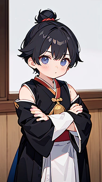 Three Kingdoms、Boy in ancient Chinese costume、Intelligent boy、Looking into the camera、There is a topknot on the head.、Hanfu、Black Hair、Standing and posing with arms crossed