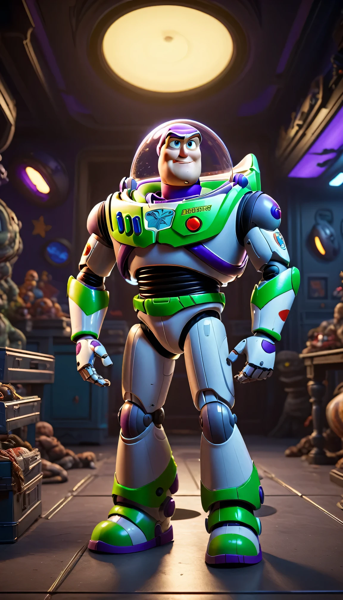 Movie scenes, Buzz Lightyear standing looking at the viewer, twisted spaces, twisted undead in background, lens halo, optical axis, complex details, very detailed, volumetric lighting, 4K rendering, images, surrealism, realistic textures, dramatic lighting, Unreal Engine