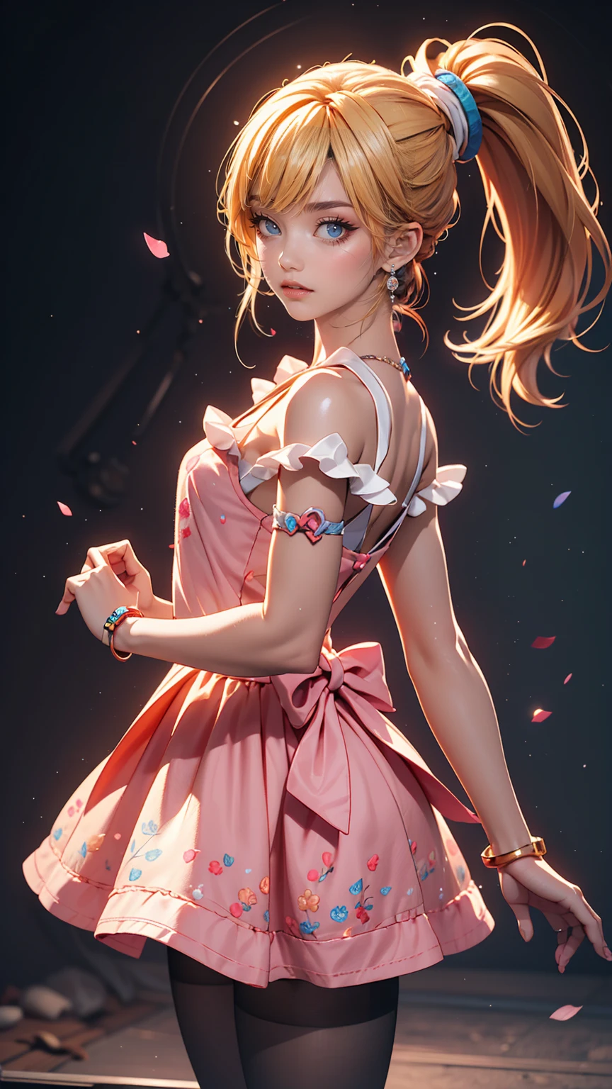 Drawing of a girl in a ponytail and dress, cute 3d rendering, cute detailed digital art, mini cute girl, cute digital painting, 3D rendering style, cute digital art, cute rendering 3d anime girl, Small Curvy , cute! c4d, One character's whole body, Standing on a white pedestal