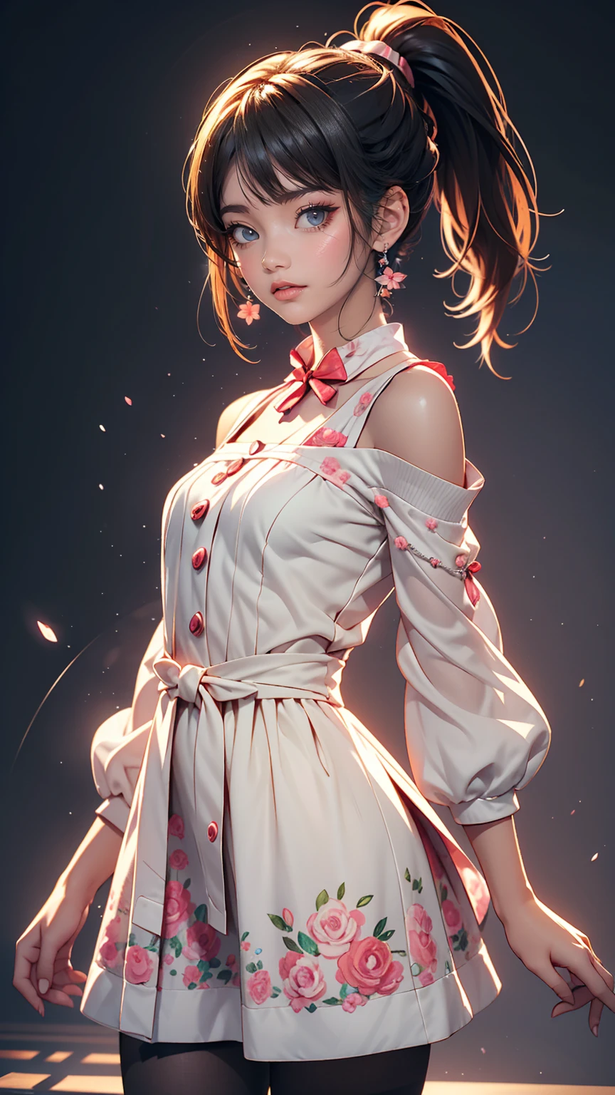 Drawing of a girl in a ponytail and dress, cute 3d rendering, cute detailed digital art, mini cute girl, cute digital painting, 3D rendering style, cute digital art, cute rendering 3d anime girl, Small Curvy , cute! c4d, One character's whole body, Standing on a white pedestal