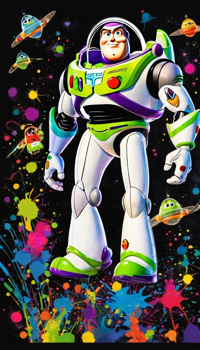 colorful ink art, buzz lightyear, black background