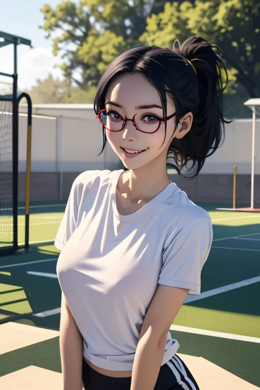 sports meetingの日、sports meeting、gallery、Students cheering、女子100 m競走、((highest quality:1.4、8k、32k、Hmph:1.3))、(An unparalleled masterpiece)、((Raw photo、realism:1.6))、Japanese girl、Outdoor,playground,Schoolyard,Schoolyard,(physical education:1.3),(Per class:1.3)Girl smiling at the camera、Dynamic Pose、(sports meetingの日、100 m走、running)、Dynamic Angle、School gym clothes、Bloomers、(Huge boobs:0.5、thin abdomen、The lower body is thin)、Ulzzang-6500-v1.1、age Girls、Ultra detailed face、Detailed eyes、Round face、Baby Face、Detailed Iris、double eyelid、(((Glasses、Long black hair、High up ponytail)))、Photon Mapping、Detailed skin texture、100 m,head to feet:1.5,