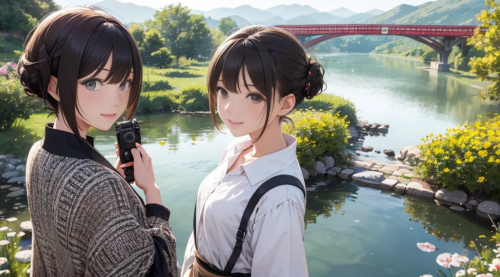 Vast Skyline、lake、mountain bridge。river、Flower Field(highest quality:1.2), Super detailed, High resolution, Tabletop:1,2, Vibrant colors, Bokeh, Professional Lighting, Physically Based Rendering, Flat Color:0.8, Fine Illustration, Realistic:1.37, Shinkai Makoto style, Your name style, Light brown hair, Elegant update, Short Bob, Bun hairstyle such as chignon。、long hair,Holding a single-lens reflex camera、 Laugh together, Dynamic pose, Selfie, Upper body full sister、