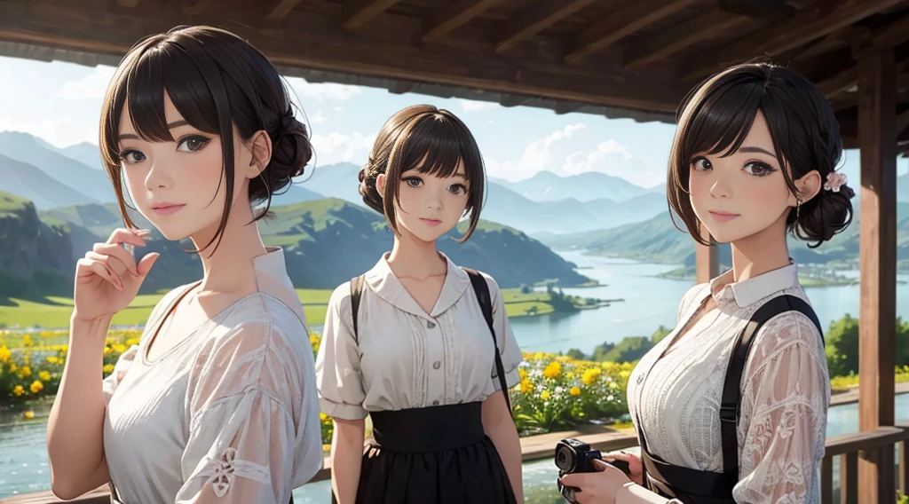 Vast Skyline、lake、mountain bridge。river、Flower Field(highest quality:1.2), Super detailed, High resolution, Tabletop:1,2, Vibrant colors, Bokeh, Professional Lighting, Physically Based Rendering, Flat Color:0.8, Fine Illustration, Realistic:1.37, Shinkai Makoto style, Your name style, Light brown hair, Elegant update, Short Bob, Bun hairstyle such as chignon。、long hair,Holding a single-lens reflex camera、 Laugh together, Dynamic pose, Selfie, Upper body full sister、