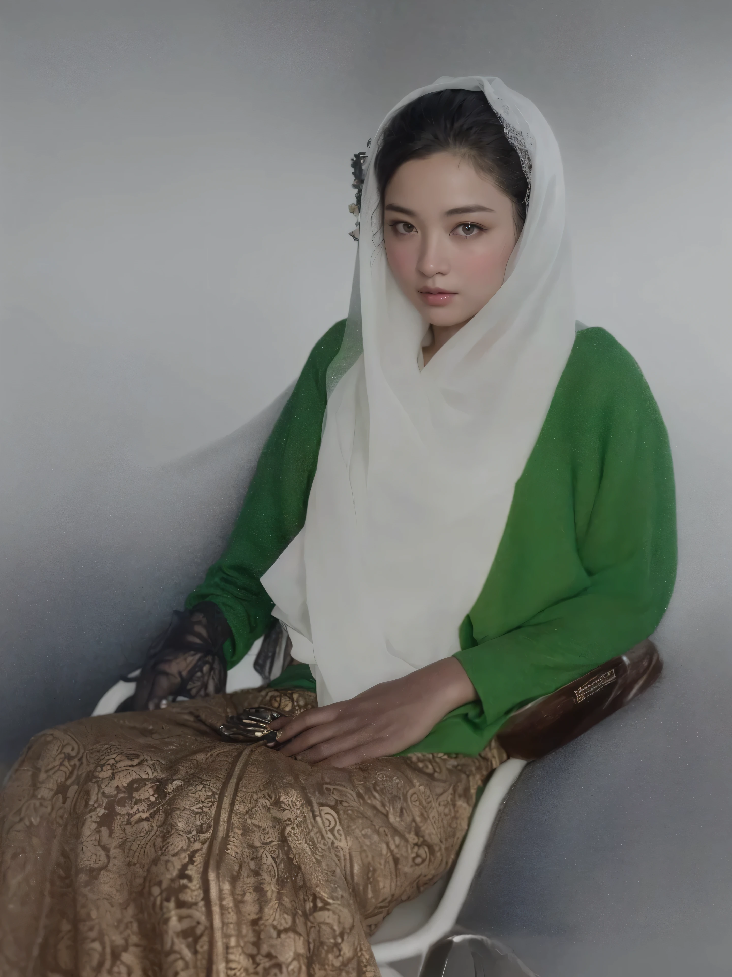 Make this photo look detailed and realistic, There is a woman sitting in a chair with a white scarf and and green batik clothes, 2 0 years old woman, a colorized photo, hand - tinted, color portrait, restored color, potrait, colorized photo, colourized, photo in color, colorized photograph, photo of a woman, colored photo, in style of old painting, traditional portrait, colorized, modern portrait, very detailed potrait, realistic portrait photo, close up potrait, profile portrait, very detailed face, very realistic face, very perfected face, very detailed clothes, very realistic clothes, very perfected clothes