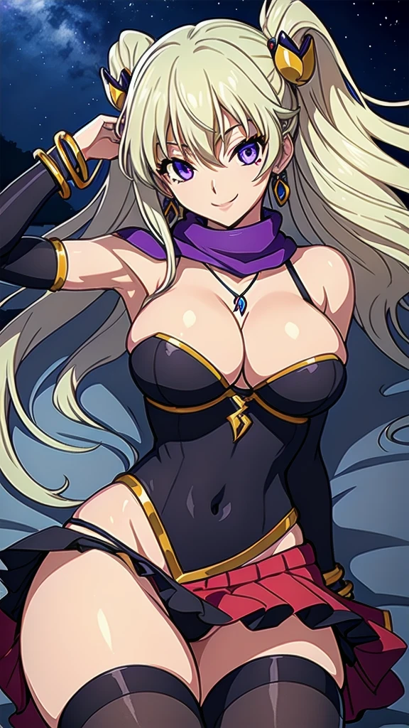 masterpiece, best quality, 1 solo girl, platinum hair, purple eyes, long hair, medium breasts, sexy body and face, wavy hair, smile, sleeveless shirt, scarf, black thigh-high, mini skirt, pendant, bracelet, jewelry, earrings, feather hair ornament, book, lying at the bed, night, sexy pose, cowboy shots, detailed body, face, and eyes, sharp focus, vibrant, creative, dynamic, high definition, high resolution, 8k, (Upscale: R-ESRGAN 4x+ Anime6mage enchance:4x), voluptuous body, cinema lightning, dakimakura style, looking at the viewer,