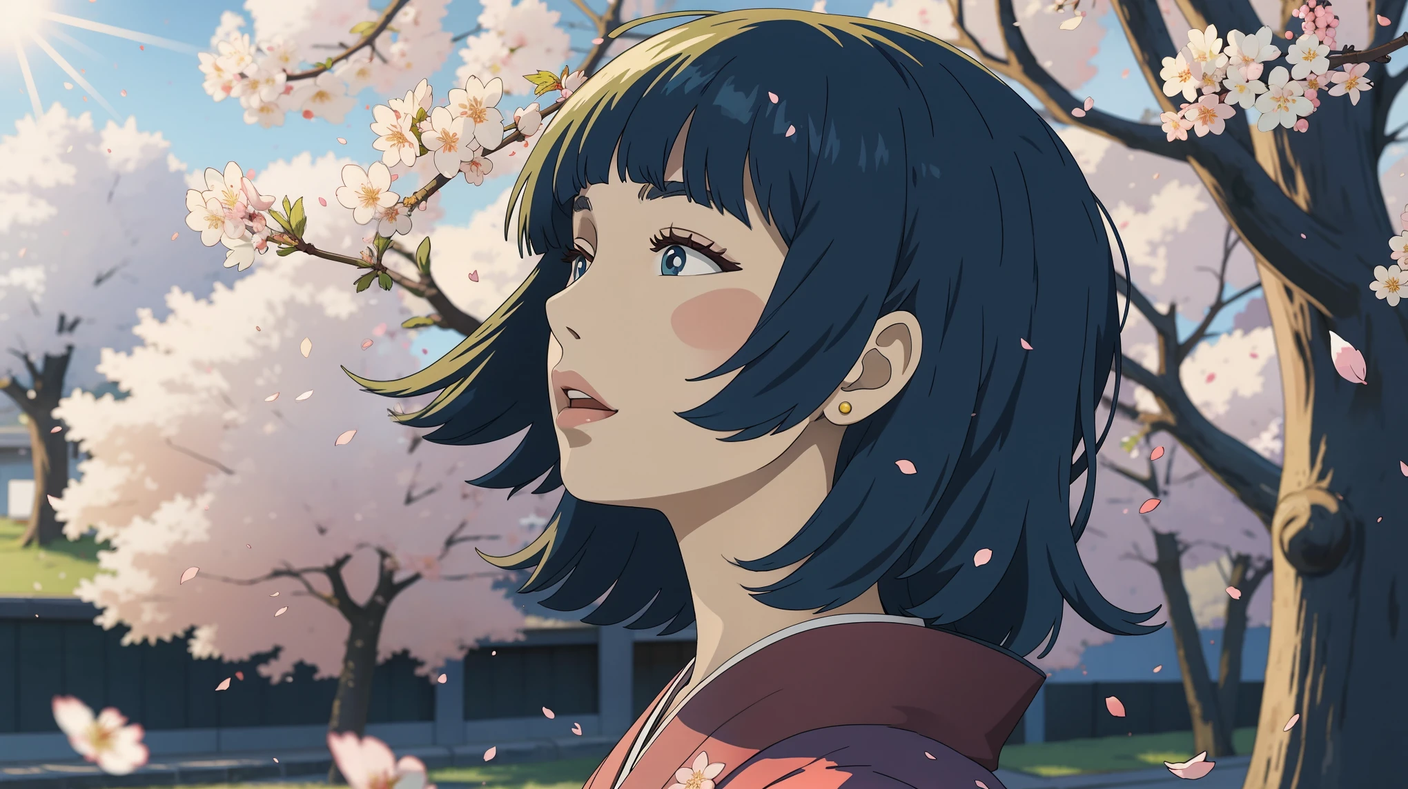 A woman wearing a kimono, walking in a row of cherry blossom trees, (looking up away), blunt bangs, (strong sunshine:1.2), (shot from front:1.4), (a flurry of cherry blossom petals:1.4)