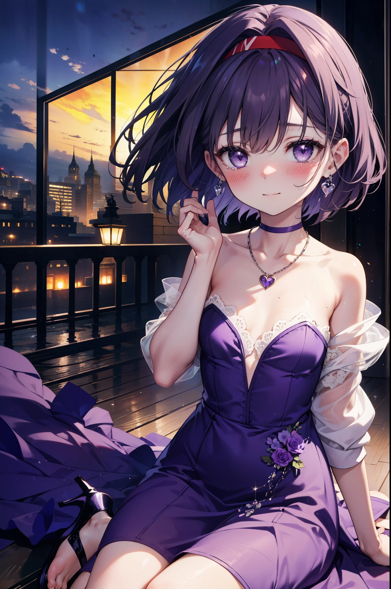 yuukikonno, Yuki Konno,Black Hair,short hair,Bob Hair ,Green headband,(Purple eyes:1.5), (Small breasts:1.2), smile,Purple Dress,Purple long skirt,purple stiletto heels,No sleeve,Expose your shoulders,Bare arms,Bare neck,bare clavicle,Wearing a wedding ring on the left hand,Heart Necklace,Tears stream down her face,Tears of joy,I cry a lot,Romantic night view,moonlight,whole bodyがイラストに入るように、
break outdoors, hill,
break looking at viewer, whole body,
break (masterpiece:1.2), highest quality, High resolution, unity 8k wallpaper, (shape:0.8), (Beautiful details:1.6), Highly detailed face, Perfect lighting, Highly detailed CG, (Perfect hands, Perfect Anatomy),