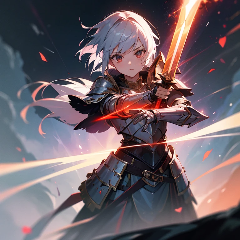 masterpiece, top-quality, super precision, Vampire Woman, Open mouth, Fangs in the mouth, purplish white skin, , Silver Shorthair, Slender eyes, Red eyes, long eyeslashes, Small mouth, long pointed ears, red heavy armor, red armor, Swing a sword, burial site, leaning gravestone, Skulls are scattered, natta, crescent moon behind, starrysky, Bats are flying, (((blood splashing))), purple flame, Purple Energy, purple light pillar