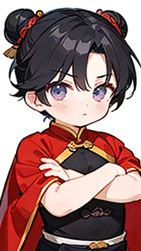 Three Kingdoms、Boy in ancient Chinese costume、Intelligent boy、Looking into the camera、There is a topknot on the head.、Hanfu、Black Hair、Standing and posing with arms crossed