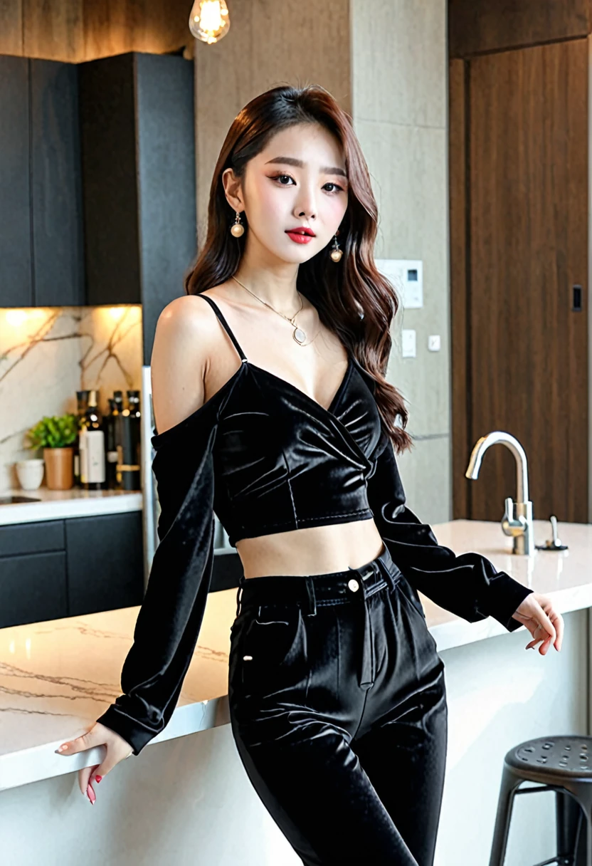 20-year-old Korean girl Sexy Velvet black large pants Velvet top Kitchen