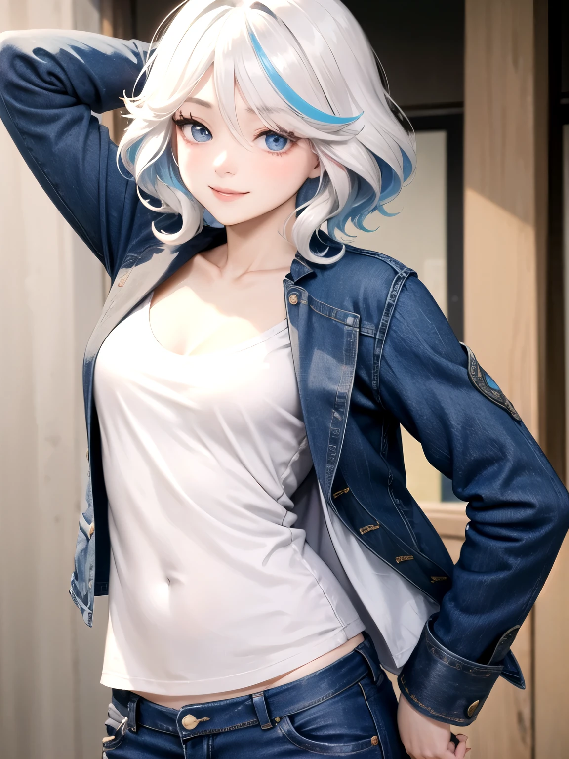 ((best quality)), ((masterpiece)), (detailed), perfect face. Asian girl. Smile. White hair. T-shirt. Flat chest. Jeans pants. Jeans jacket.