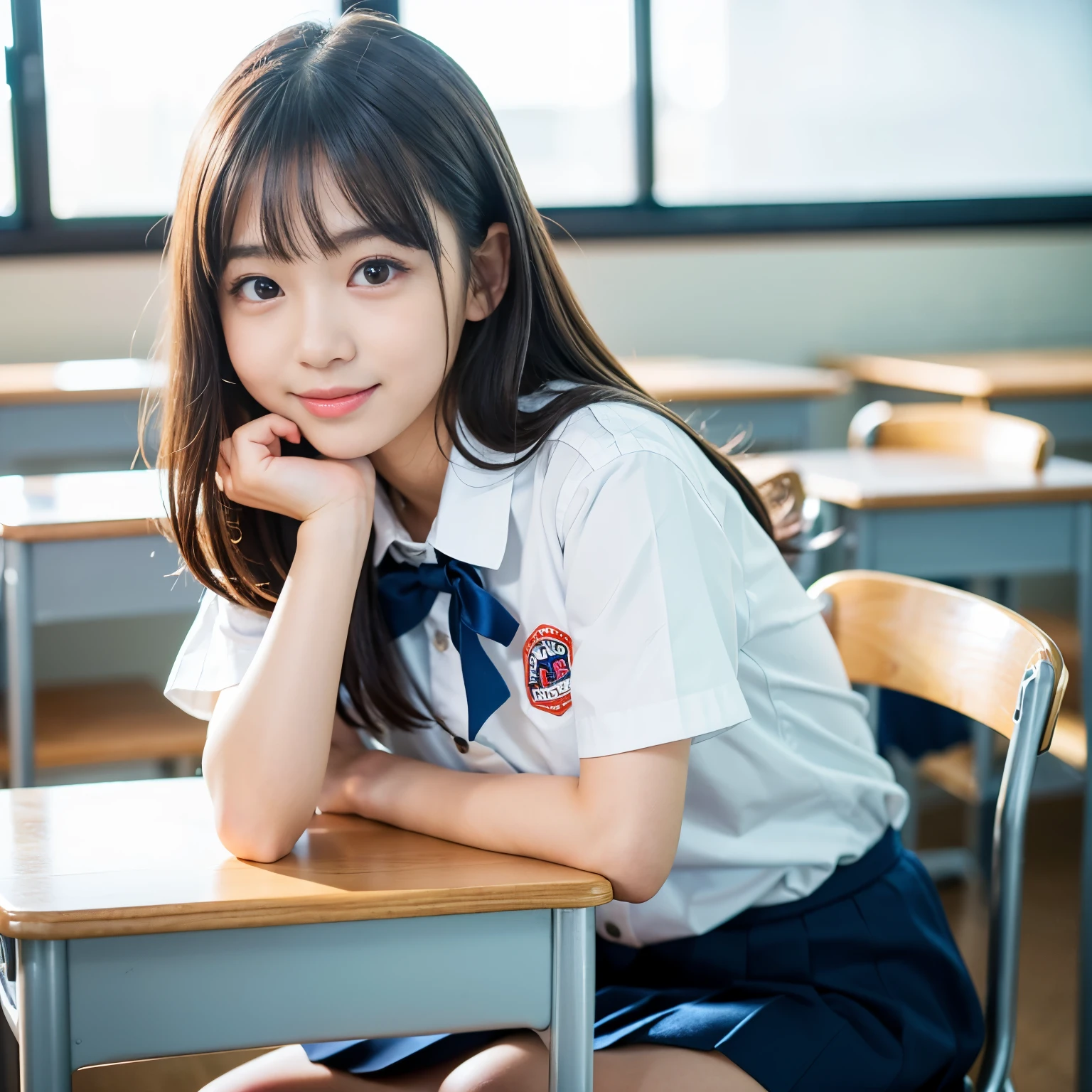 (Best-quality, Masterpiece, Ultra-High-Resolution, (Photorealistic:1.4), Raw Photo, depth of field, professional lighting, perfect anatomy, extremely details, perfect face, perfect hands, perfect fingers, perfect body), 1girl, -yeld, thost famous Japanese idol, (wearing school-uniform with cute design, short sleeve shirt), sitting on school-chair in classroom, (extremely cute face like the most popular Japanese idol, (extremely cute and extremely big eyes), extremely cute hair, extremely cute skins), extremely cute long-eyelashes, extremely cute lips, innocent smile, looking at viewer