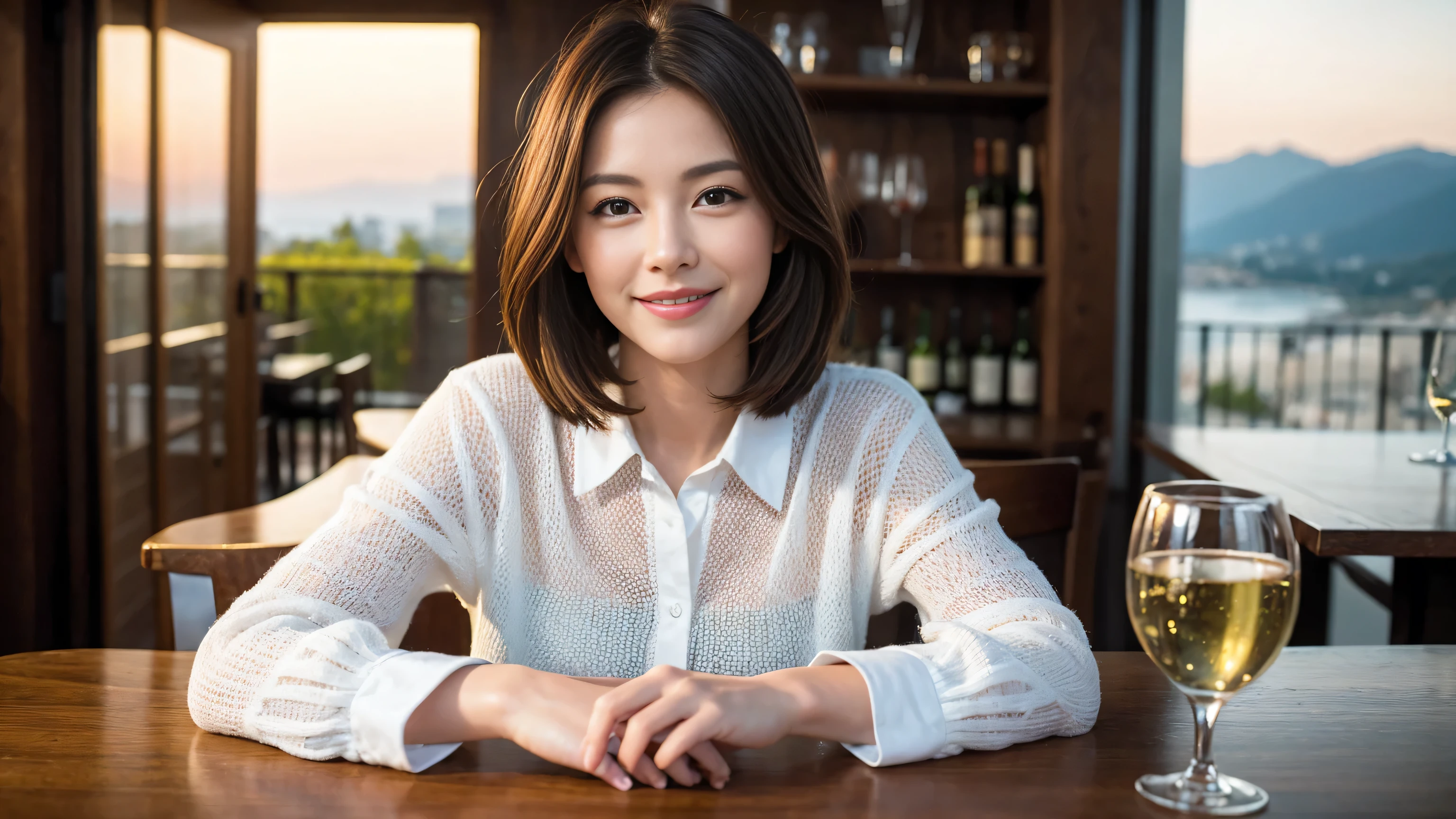 ((highest quality、8k、masterpiece:1.3))、Sharp focus:1.2、Beautiful woman perfect body:1.4、Slim body、((Bob Hale、Straight hair:1.2))、(to be born, highest quality, masterpiece:1.5), (Realistic, Intricate details:1.2), Ultra-high resolution, Put the light on your face、Amazing view of the sunset sky and clouds、Amazing mountain views、A bright smile、wine glass、red wine 、Appetizers、Italian food、Wine bottle、Champagne、sparkling wine、, Beautiful Face, blue eyes, The light shines on your face, Blushing, short hair,Bright Face、Fox face、 (42 years old), 40 years old, Lady、Two beauties、Brown Hair、Shortcuts、Long sleeve shirt、dress、Pretty Woman 1, (Slim face), (The body is slim), (Brown Hair), (Shortcuts), cheeks turn a little red,Attractive beauty、, Out of the window, A beautiful and detailed night view unfolds.........., restaurant, In a prominent place (From the waist up) Nova Frog Style, actress, model, Upper Body, White wine, slim, wine glass, Wine glass placed in the center, smile, (smile: 1.15), Beautiful fine grain, Depth f/2,saturation, High Contrast, Strong light and shadow,Moist Body:1.5、3D texture、Delicate eyes、Brown Hair、The hair is very shiny、
