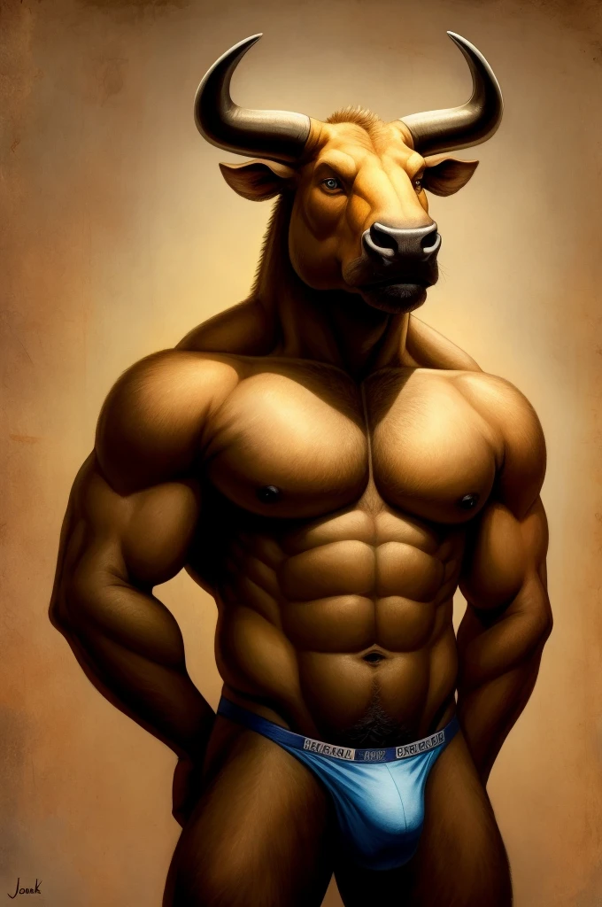 Solo, Furry, Anthro, Bull, Male, E621, Standing, Muscular, Hands behind back, Wearing , Plain background, Front view, By Jacek Yerka

