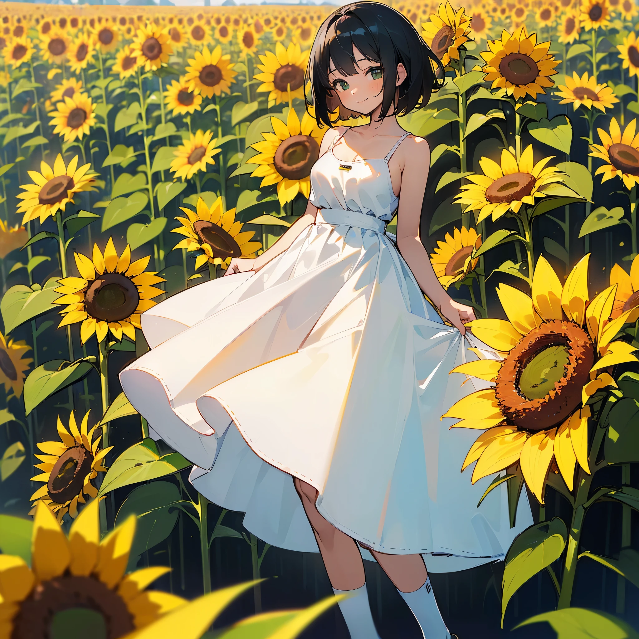 (high quality, High resolution, Very detailed, reality:1.37), Peaceful atmosphere, (Sunflower field),  girl standing alone, (my breasts are big.), Beautiful details, Cute Smile, (Black bob hair), White camisole dress, White socks, loafers.